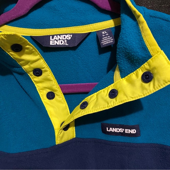 Lands' End Heritage Colorblock Navy Teal Snap Neck Pullover Fleece Top Size XL - Picture 7 of 7